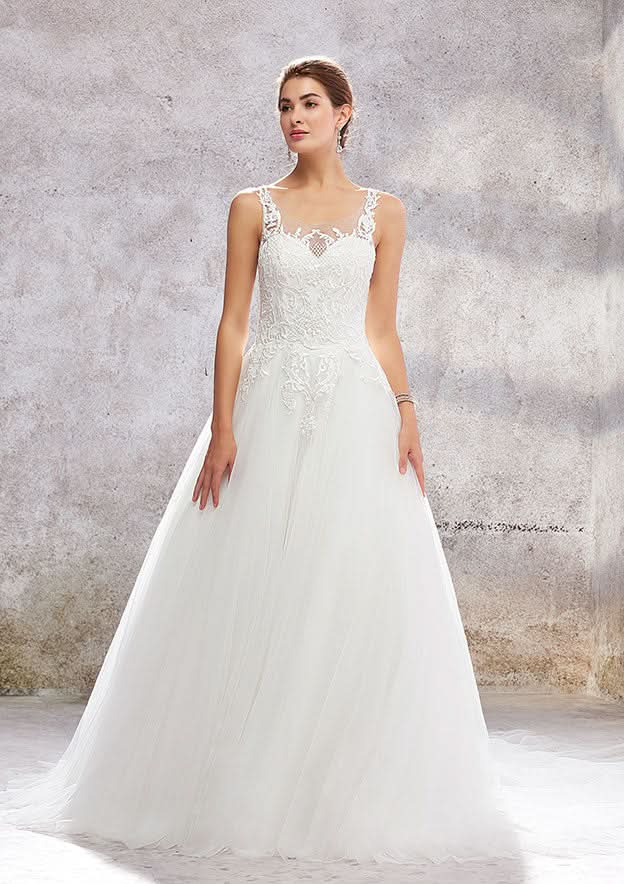 Romantic Princess A-Line Wedding Dress: Illusion Neck Sleeveless with Chapel Train and Satin Embroidery BM bride