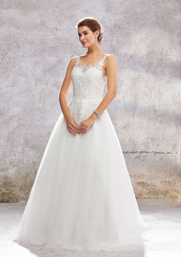 Romantic Princess A-Line Wedding Dress: Illusion Neck Sleeveless with Chapel Train and Satin Embroidery BM bride