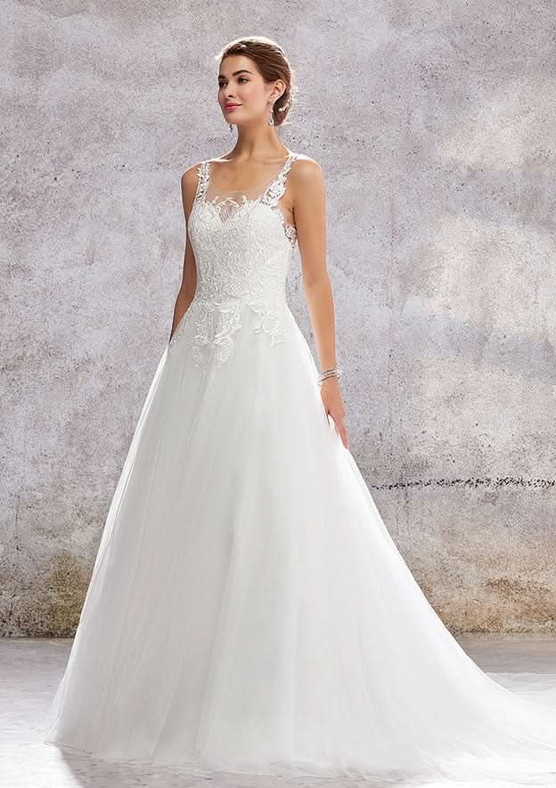 Romantic Princess A-Line Wedding Dress: Illusion Neck Sleeveless with Chapel Train and Satin Embroidery BM bride