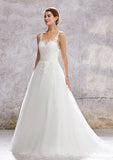 Romantic Princess A-Line Wedding Dress: Illusion Neck Sleeveless with Chapel Train and Satin Embroidery BM bride