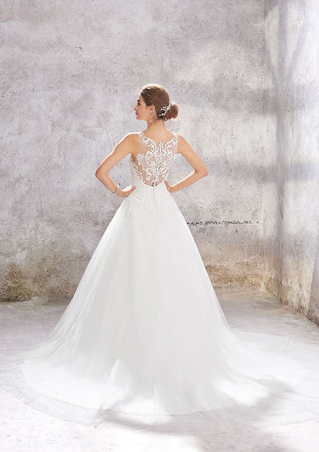 Romantic Princess A-Line Wedding Dress: Illusion Neck Sleeveless with Chapel Train and Satin Embroidery BM bride