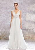Charming A-Line V-Neck Sleeveless Court Train Wedding Dress in Lace and Chiffon BM bride