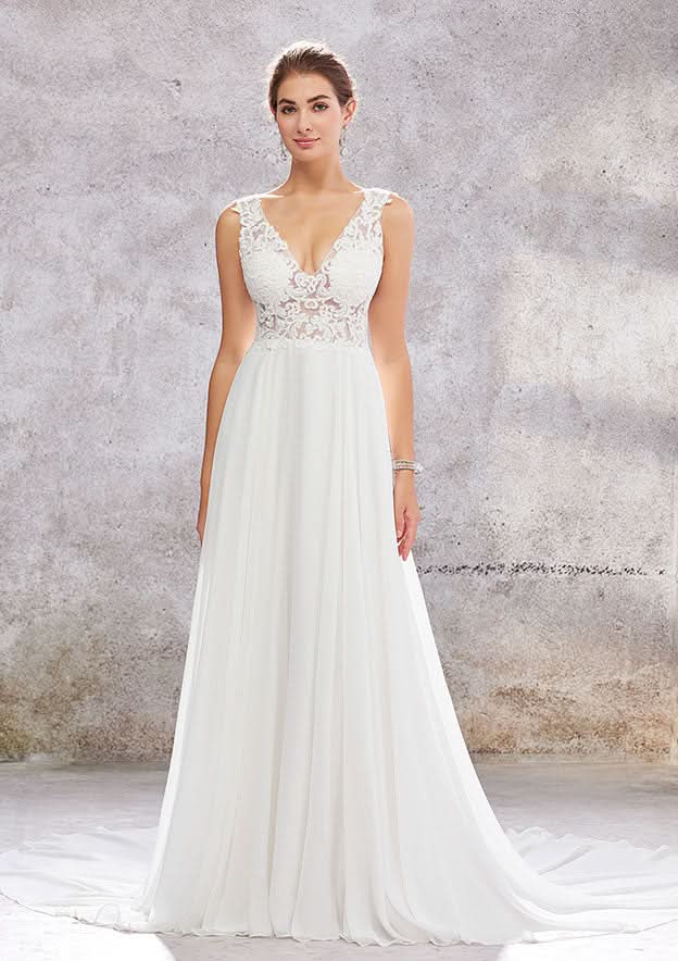 Charming A-Line V-Neck Sleeveless Court Train Wedding Dress in Lace and Chiffon BM bride