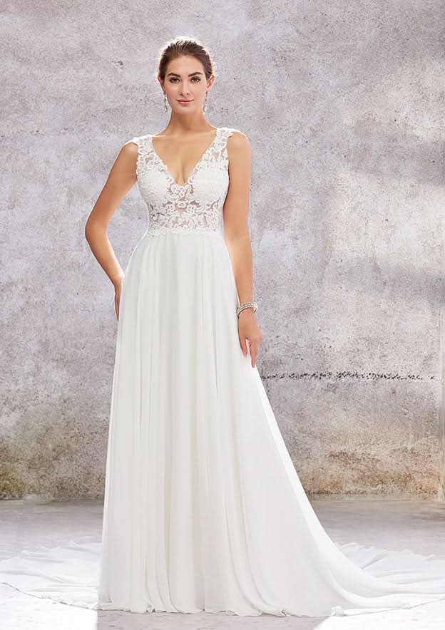Charming A-Line V-Neck Sleeveless Court Train Wedding Dress in Lace and Chiffon BM bride