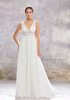 Charming A-Line V-Neck Sleeveless Court Train Wedding Dress in Lace and Chiffon BM bride