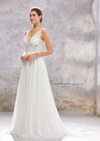 Charming A-Line V-Neck Sleeveless Court Train Wedding Dress in Lace and Chiffon BM bride