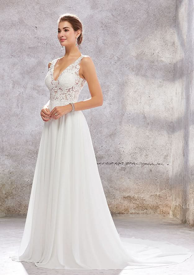 Charming A-Line V-Neck Sleeveless Court Train Wedding Dress in Lace and Chiffon BM bride