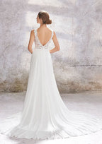 Charming A-Line V-Neck Sleeveless Court Train Wedding Dress in Lace and Chiffon BM bride