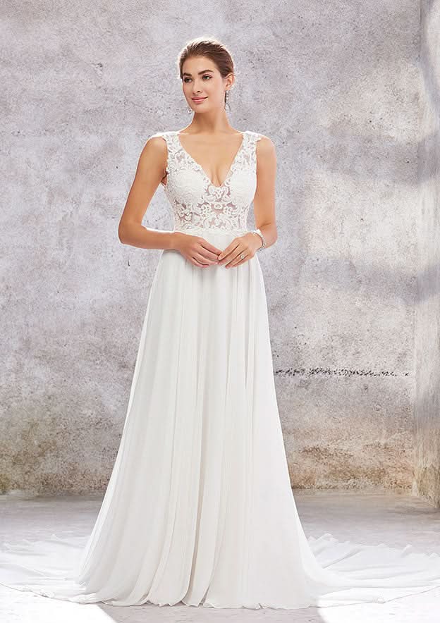Charming A-Line V-Neck Sleeveless Court Train Wedding Dress in Lace and Chiffon BM bride
