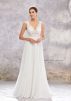 Charming A-Line V-Neck Sleeveless Court Train Wedding Dress in Lace and Chiffon BM bride