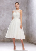 Charming A-Line Illusion Neck Wedding Dress: Tea-Length Tulle with Lace Waistband Embroidery and Crystals BM bride