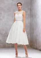 Charming A-Line Illusion Neck Wedding Dress: Tea-Length Tulle with Lace Waistband Embroidery and Crystals BM bride
