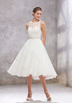Charming A-Line Illusion Neck Wedding Dress: Tea-Length Tulle with Lace Waistband Embroidery and Crystals BM bride