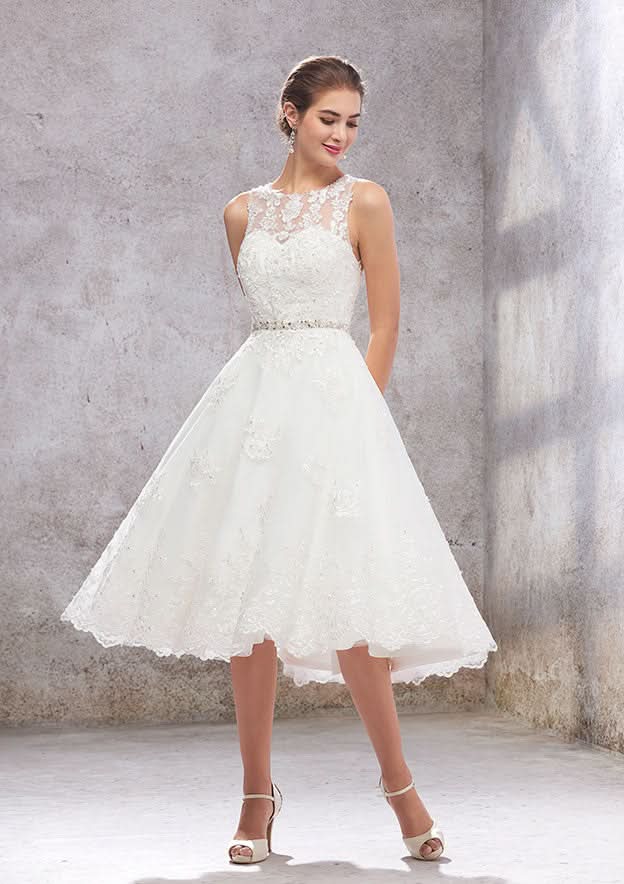 Charming A-Line Illusion Neck Wedding Dress: Tea-Length Tulle with Lace Waistband Embroidery and Crystals BM bride