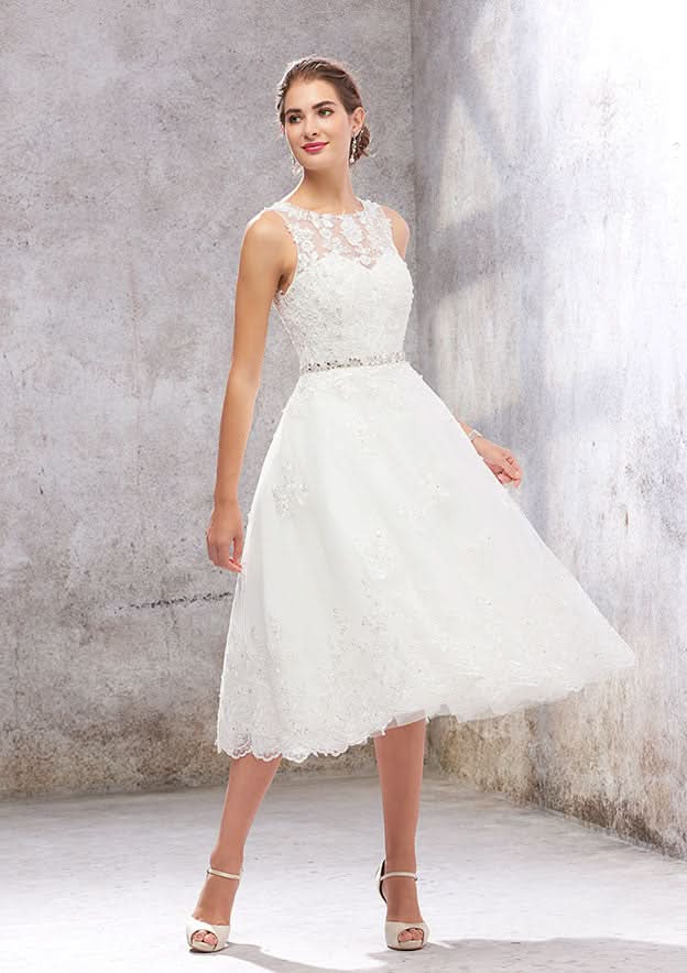 Charming A-Line Illusion Neck Wedding Dress: Tea-Length Tulle with Lace Waistband Embroidery and Crystals BM bride