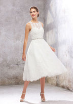 Charming A-Line Illusion Neck Wedding Dress: Tea-Length Tulle with Lace Waistband Embroidery and Crystals BM bride