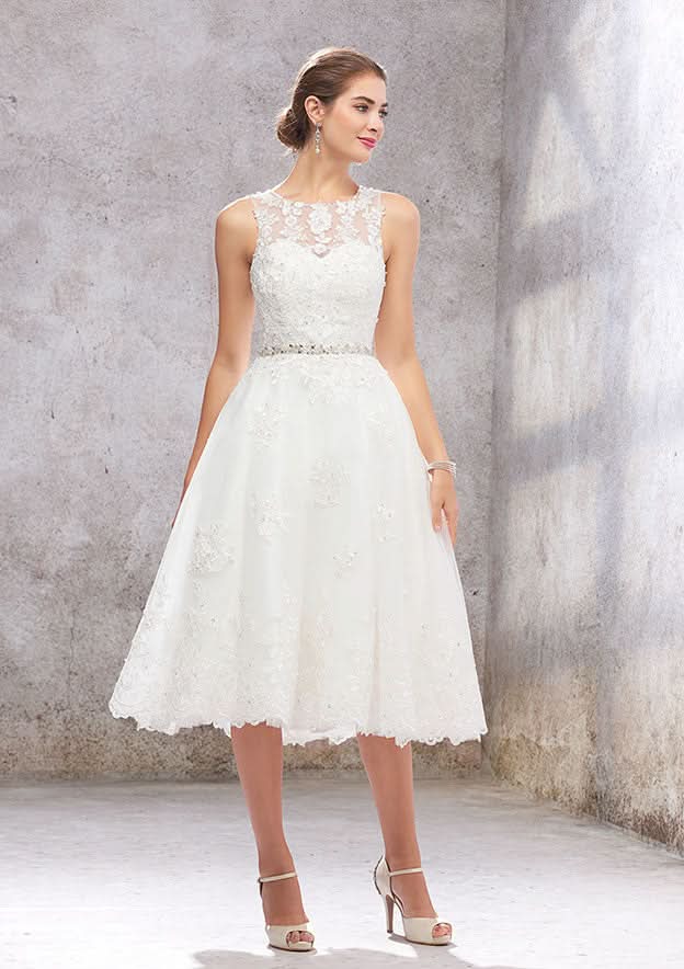 Charming A-Line Illusion Neck Wedding Dress: Tea-Length Tulle with Lace Waistband Embroidery and Crystals BM bride