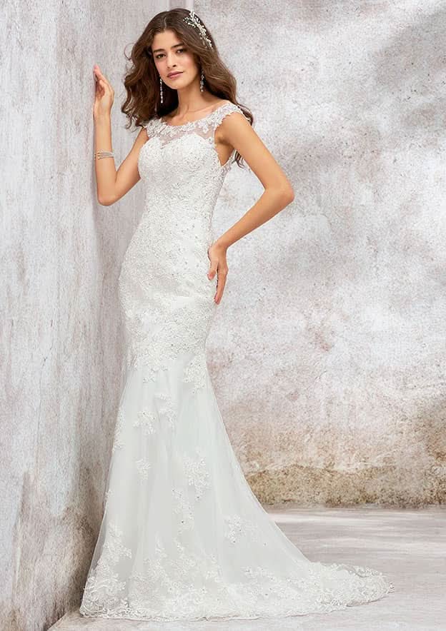 Glamorous Trumpet/Mermaid Wedding Dress: Bateau Sleeveless with Sweep Train and Sequined Appliques BM bride