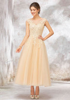 Elegant A-Line Illusion Neck Sleeveless Tulle Lace Tea-Length Wedding Dress with Sequins BM bride