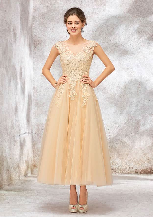 Elegant A-Line Illusion Neck Sleeveless Tulle Lace Tea-Length Wedding Dress with Sequins BM bride