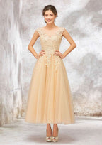 Elegant A-Line Illusion Neck Sleeveless Tulle Lace Tea-Length Wedding Dress with Sequins BM bride