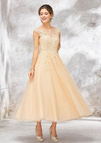 Elegant A-Line Illusion Neck Sleeveless Tulle Lace Tea-Length Wedding Dress with Sequins BM bride