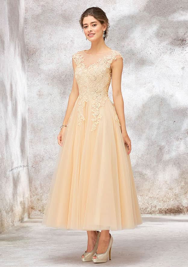 Elegant A-Line Illusion Neck Sleeveless Tulle Lace Tea-Length Wedding Dress with Sequins BM bride