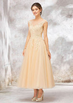 Elegant A-Line Illusion Neck Sleeveless Tulle Lace Tea-Length Wedding Dress with Sequins BM bride