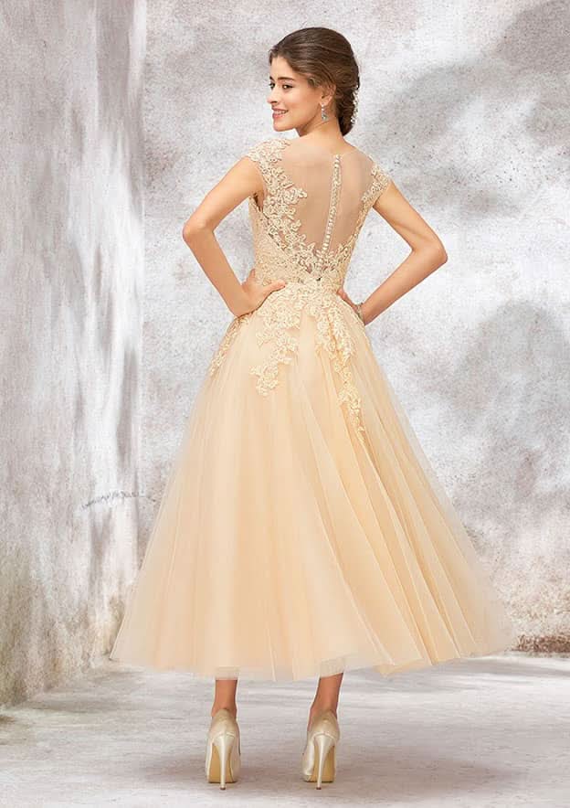 Elegant A-Line Illusion Neck Sleeveless Tulle Lace Tea-Length Wedding Dress with Sequins BM bride