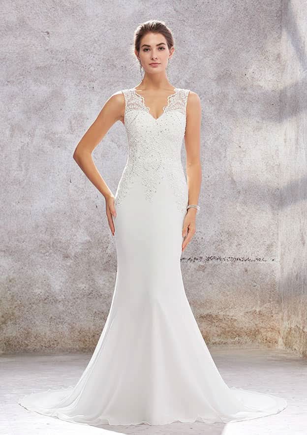 Charming Trumpet/Mermaid V-Neck Sleeveless Chiffon Wedding Dress with Court Train, Sequins, and Beading BM bride