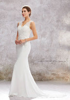 Charming Trumpet/Mermaid V-Neck Sleeveless Chiffon Wedding Dress with Court Train, Sequins, and Beading BM bride
