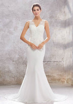 Charming Trumpet/Mermaid V-Neck Sleeveless Chiffon Wedding Dress with Court Train, Sequins, and Beading BM bride