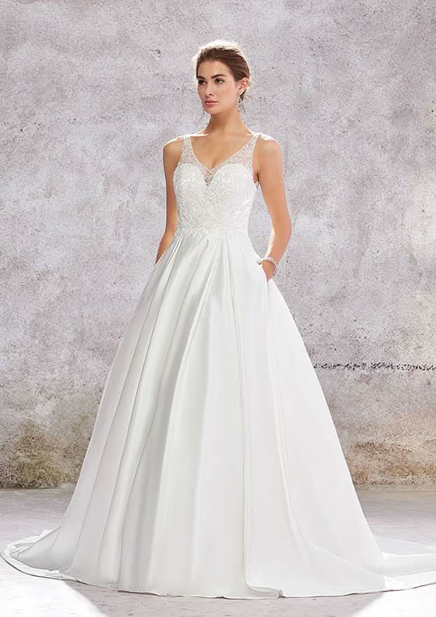Luxurious Ball Gown Princess V-Neck Satin Wedding Dress with Chapel Train, Featuring Lace Sequins and Beading Applique BM bride