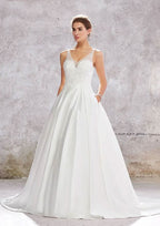 Luxurious Ball Gown Princess V-Neck Satin Wedding Dress with Chapel Train, Featuring Lace Sequins and Beading Applique BM bride