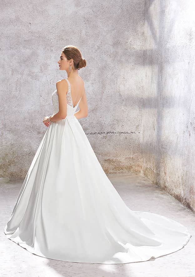Luxurious Ball Gown Princess V-Neck Satin Wedding Dress with Chapel Train, Featuring Lace Sequins and Beading Applique BM bride