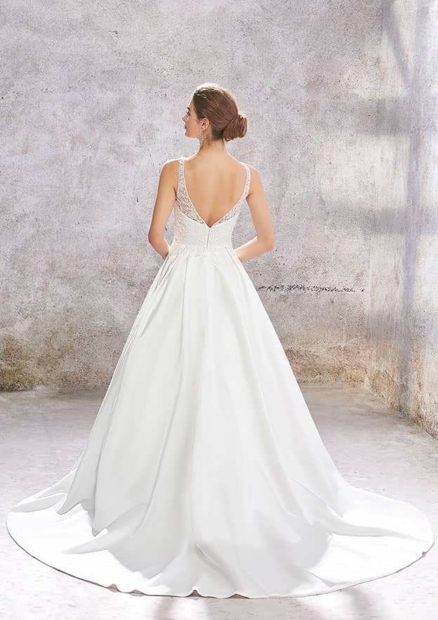 Luxurious Ball Gown Princess V-Neck Satin Wedding Dress with Chapel Train, Featuring Lace Sequins and Beading Applique BM bride