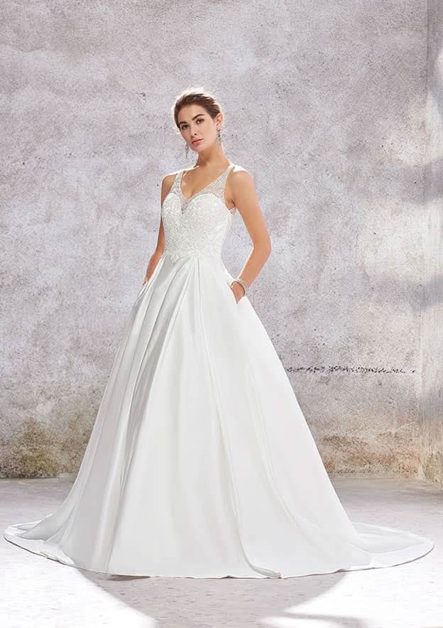 Luxurious Ball Gown Princess V-Neck Satin Wedding Dress with Chapel Train, Featuring Lace Sequins and Beading Applique BM bride