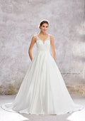Luxurious Ball Gown Princess V-Neck Satin Wedding Dress with Chapel Train, Featuring Lace Sequins and Beading Applique BM bride