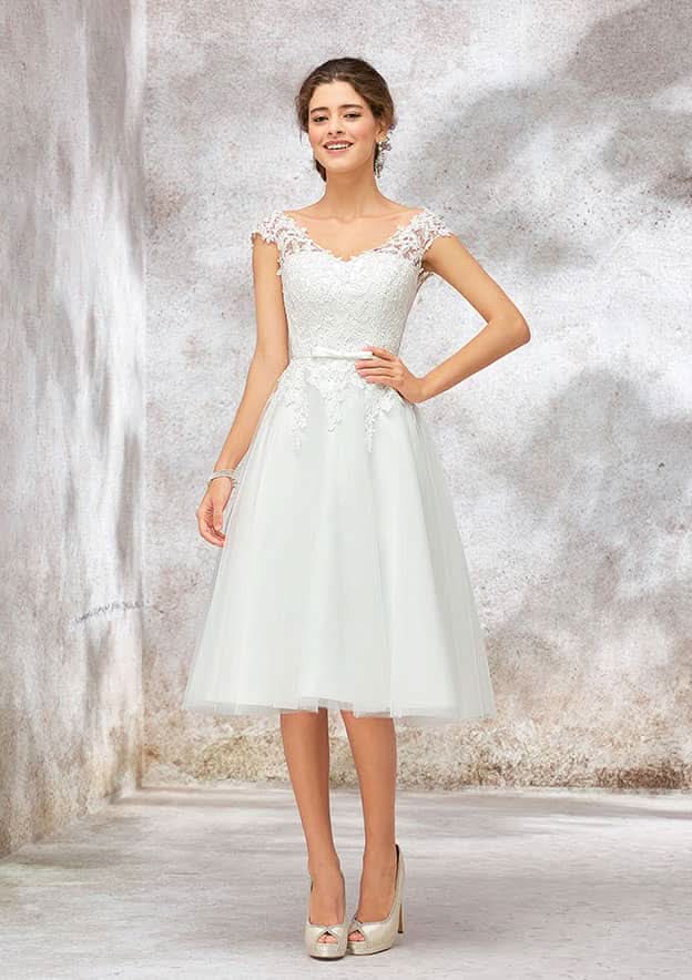 Charming A-Line V-Neck Sleeveless Knee-Length Lace and Tulle Satin Wedding Dress with Decorative Bowknot BM bride