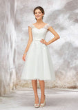 Charming A-Line V-Neck Sleeveless Knee-Length Lace and Tulle Satin Wedding Dress with Decorative Bowknot BM bride