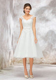 Charming A-Line V-Neck Sleeveless Knee-Length Lace and Tulle Satin Wedding Dress with Decorative Bowknot BM bride
