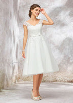 Charming A-Line V-Neck Sleeveless Knee-Length Lace and Tulle Satin Wedding Dress with Decorative Bowknot BM bride