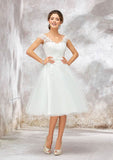 Charming A-Line V-Neck Sleeveless Knee-Length Lace and Tulle Satin Wedding Dress with Decorative Bowknot BM bride