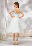 Charming A-Line V-Neck Sleeveless Knee-Length Lace and Tulle Satin Wedding Dress with Decorative Bowknot BM bride