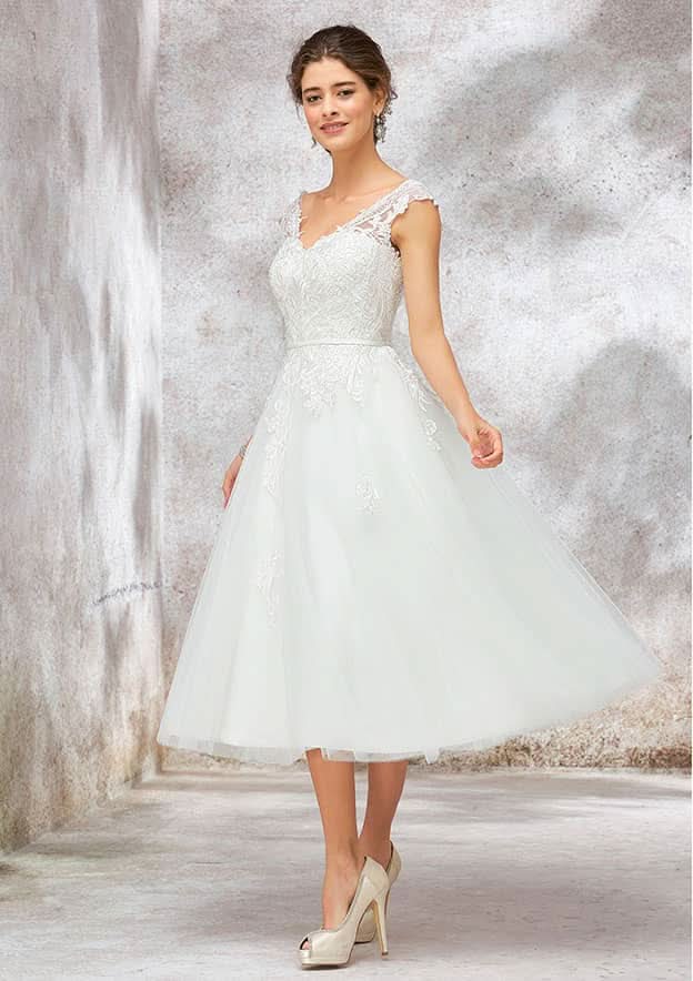 Beautiful A-Line V-Neck Sleeveless Tea-Length Lace Tulle Wedding Dress with Waistband BM bride