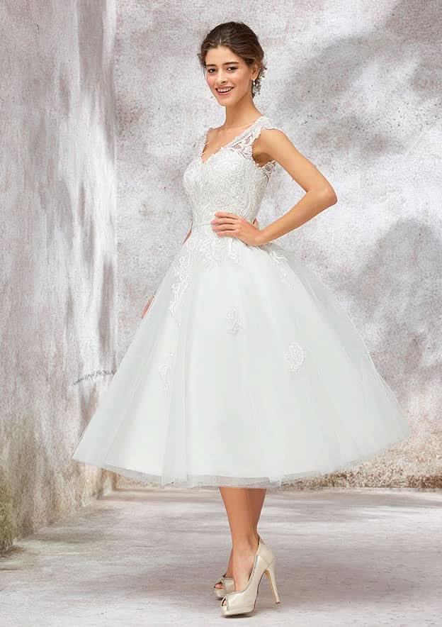 Beautiful A-Line V-Neck Sleeveless Tea-Length Lace Tulle Wedding Dress with Waistband BM bride