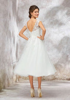 Beautiful A-Line V-Neck Sleeveless Tea-Length Lace Tulle Wedding Dress with Waistband BM bride