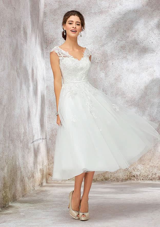 Beautiful A-Line V-Neck Sleeveless Tea-Length Lace Tulle Wedding Dress with Waistband BM bride