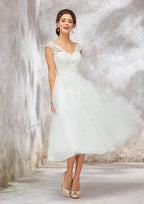 Beautiful A-Line V-Neck Sleeveless Tea-Length Lace Tulle Wedding Dress with Waistband BM bride