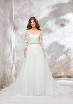 Glamorous Illusion Neck Full-Length Chapel Train Tulle Wedding Dress with Waistband, Lace Beading, and Appliques in Ball Gown Style BM bride